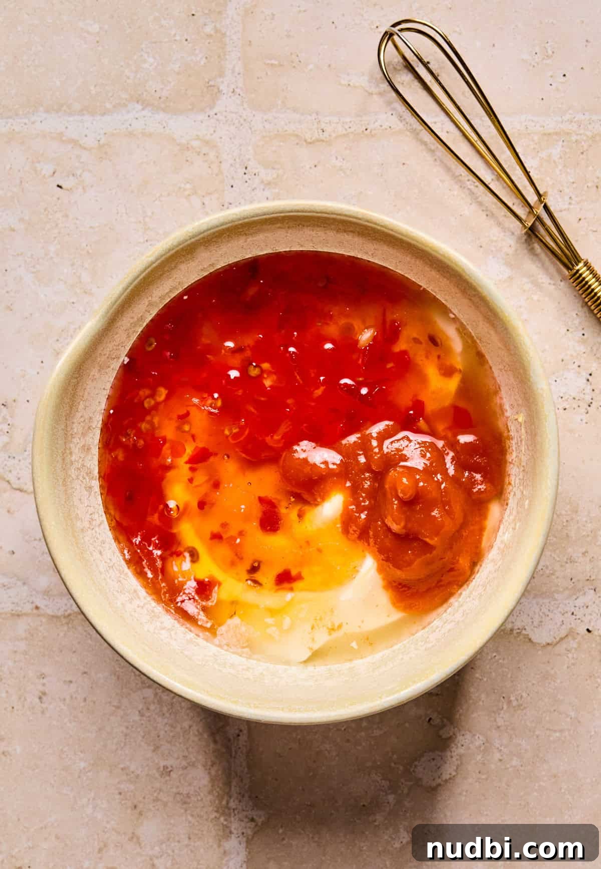 Crispy Air Fryer Salmon Bites with Lemon Garlic Dip 8 Mayo, sweet chili sauce, sriracha and honey in glass bowl.