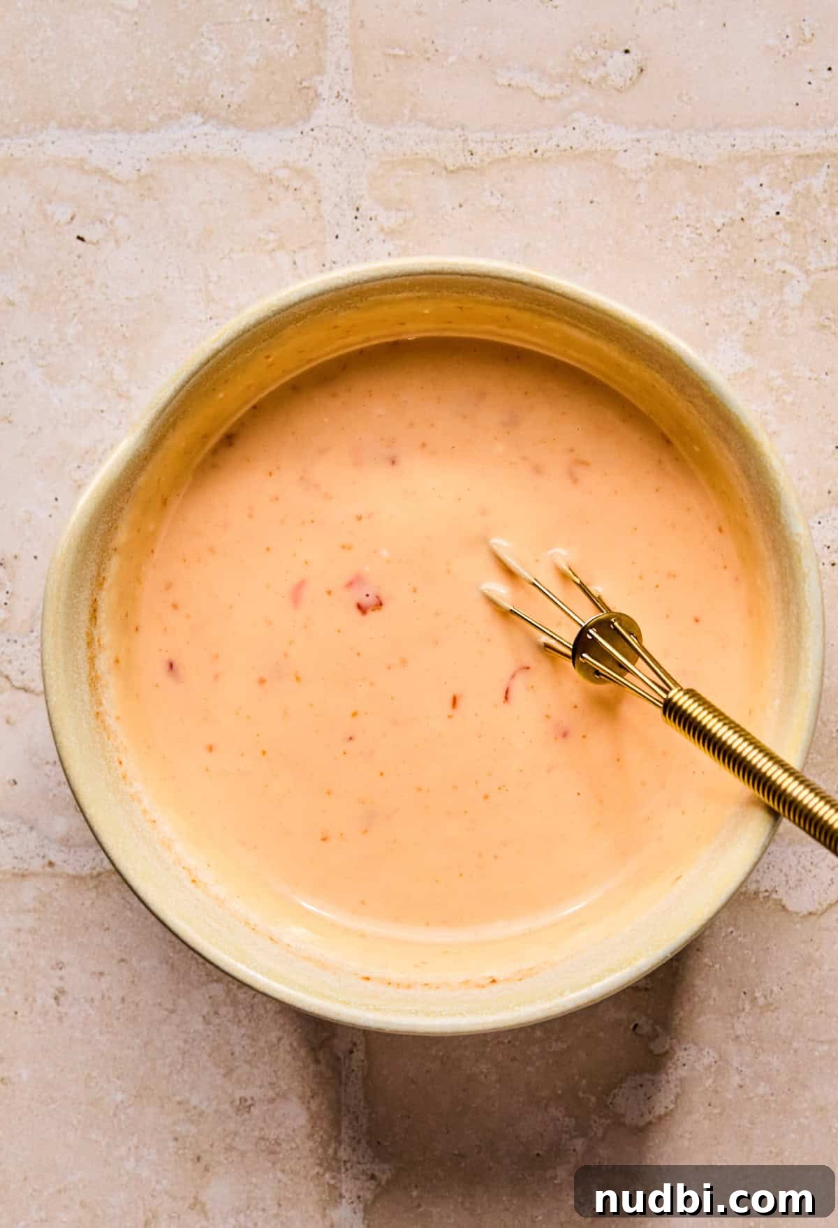 Crispy Air Fryer Salmon Bites with Lemon Garlic Dip 9 Whisk in stirred bang bang sauce in small glass dish.