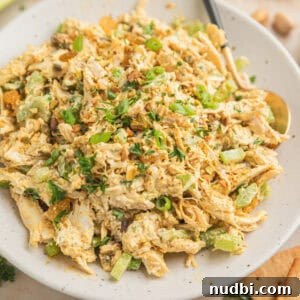 Creamy Curry Chicken Salad Recipe for Lunch or Light Dinner 11 Curry chicken salad on plate with spoon.