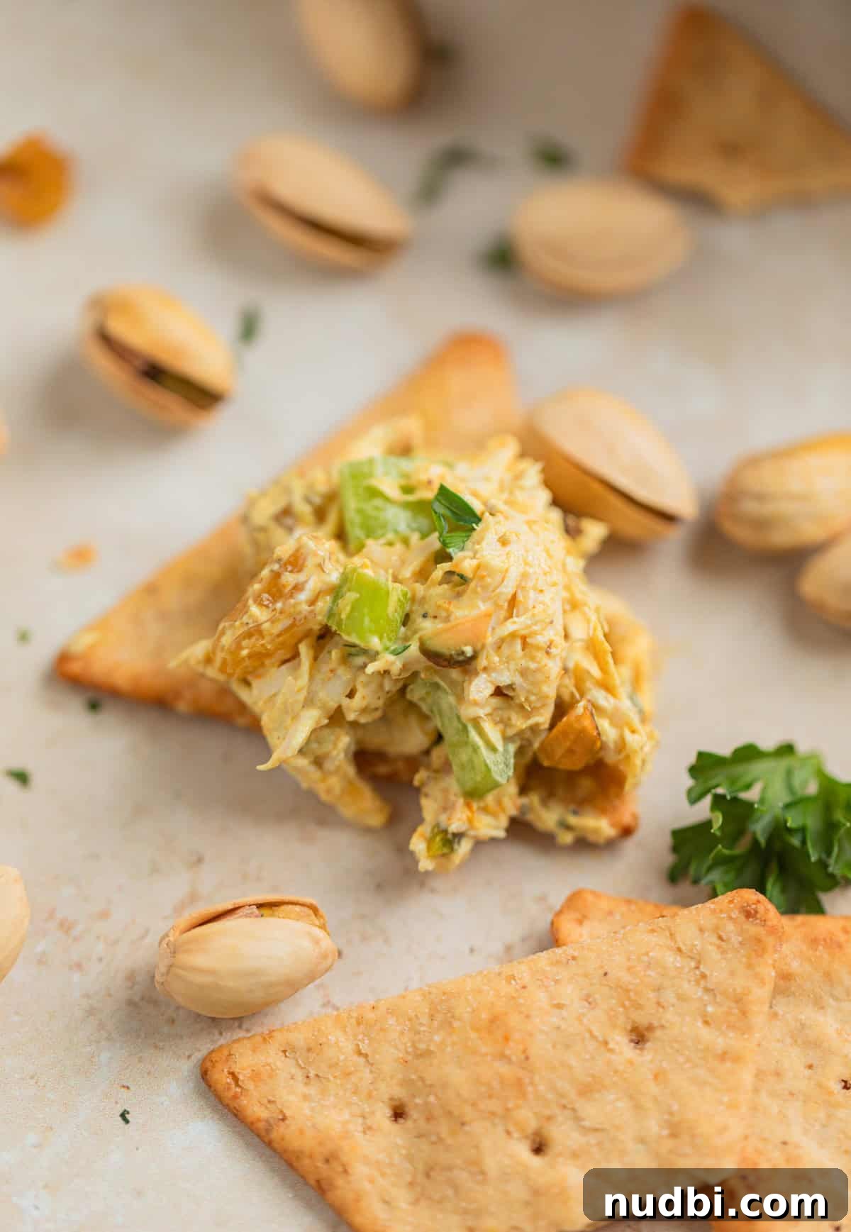 Creamy Curry Chicken Salad Recipe for Lunch or Light Dinner 6 Curry chicken salad served on cracker topped with parsley.