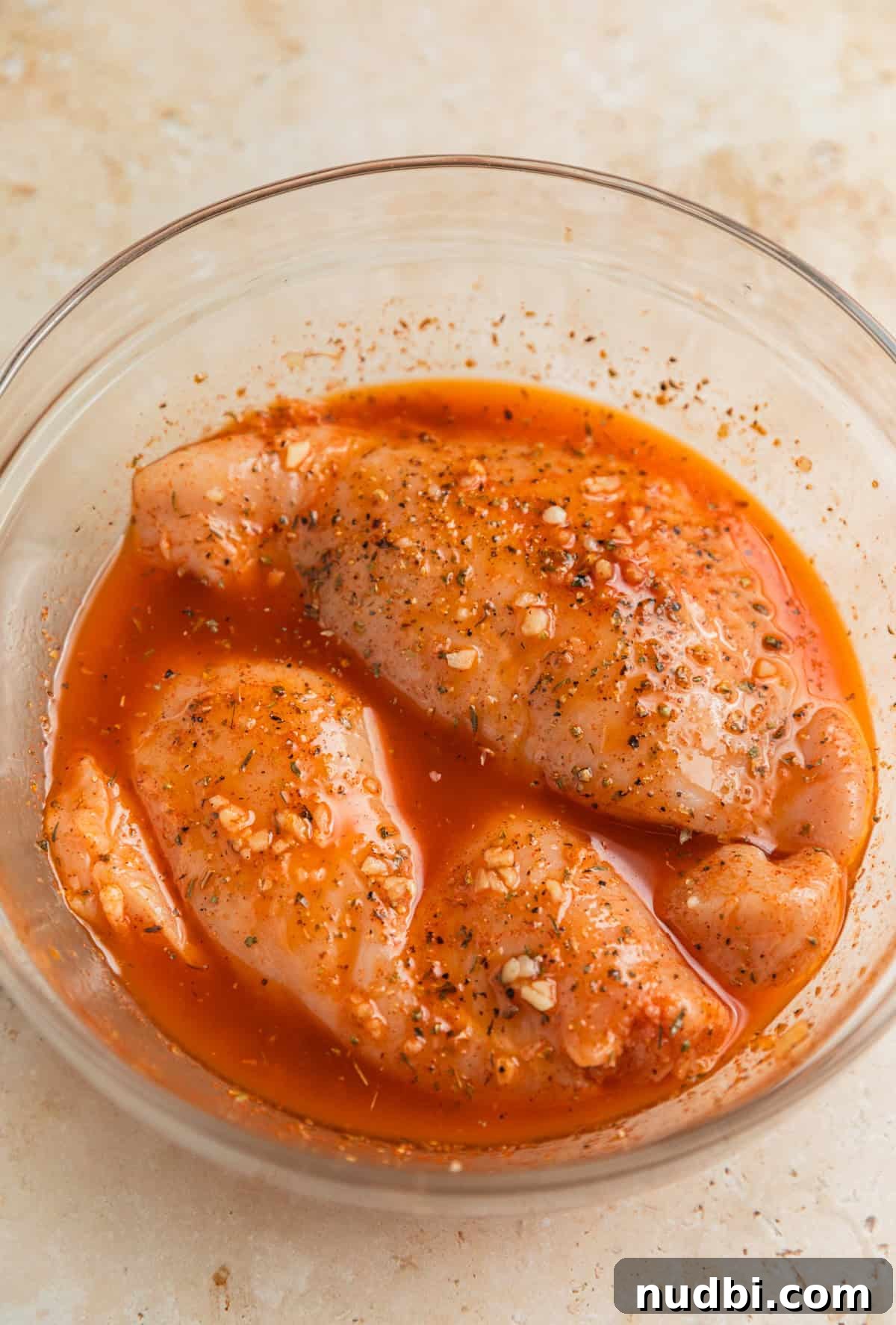 Mediterranean-Style Grilled Chicken with Lemon and Herbs 5 Chicken breast in marinade in glass bowl.