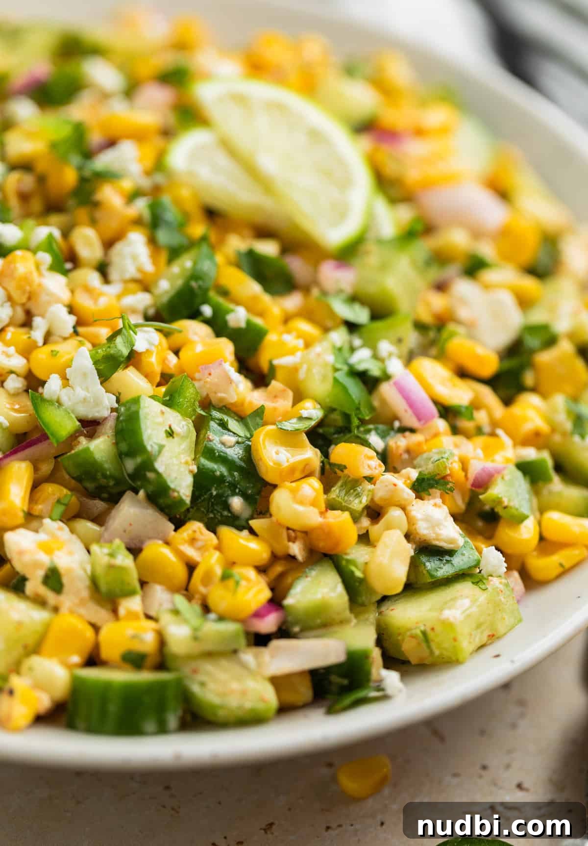 Cucumber and Sweet Corn Salad with Herb Vinaigrette 2 Corn and cucumber salad in white dish with lime slices.