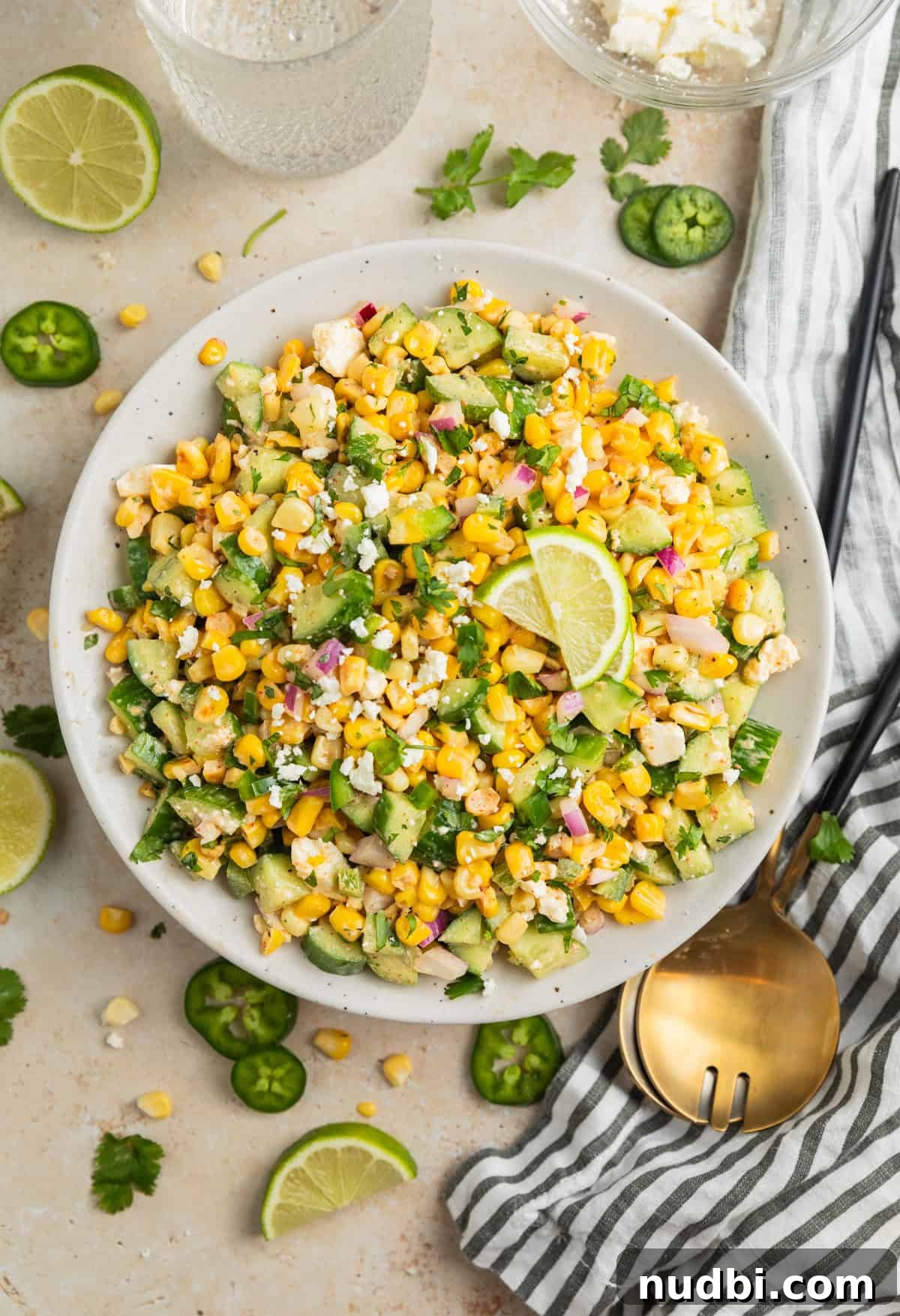 Cucumber and Sweet Corn Salad with Herb Vinaigrette 8 Overhead view of corn and cucumber salad in serving dish with lime wedges on top.