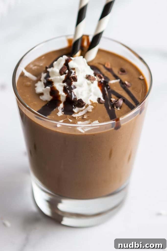 Chocolate Coconut Smoothie Recipe for Creamy, Decadent Flavor 5 Chocolate Coconut Smoothie in a glass.