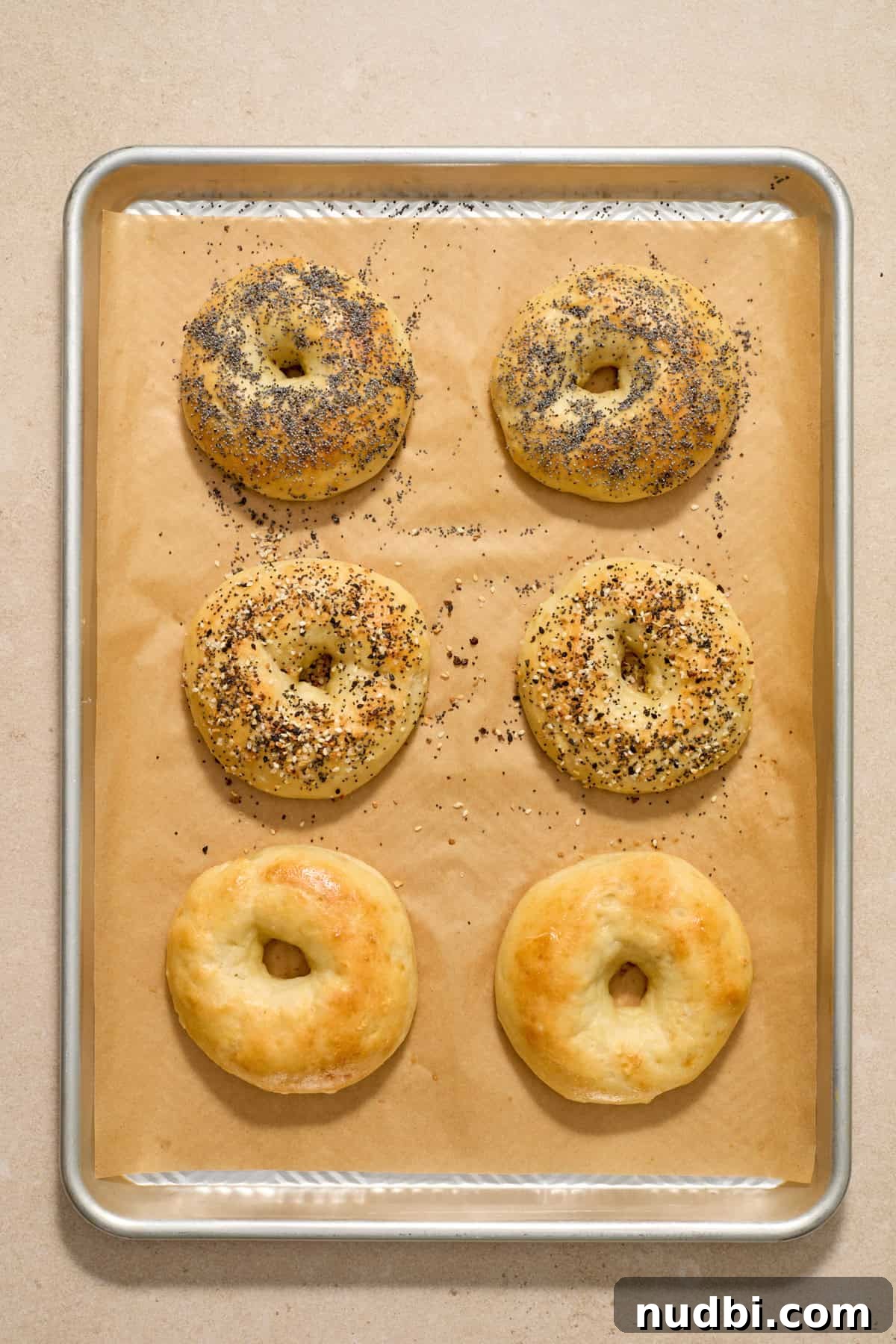 High-Protein Greek Yogurt Bagel Recipe 11 Baked protein bagels on parchment lined cookie sheet.