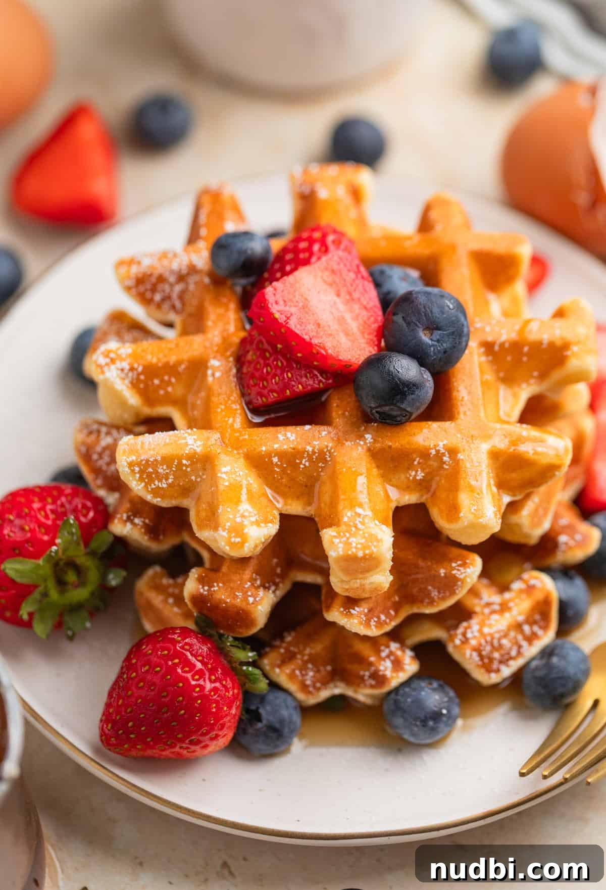Cottage cheese waffles served on plate with berries.