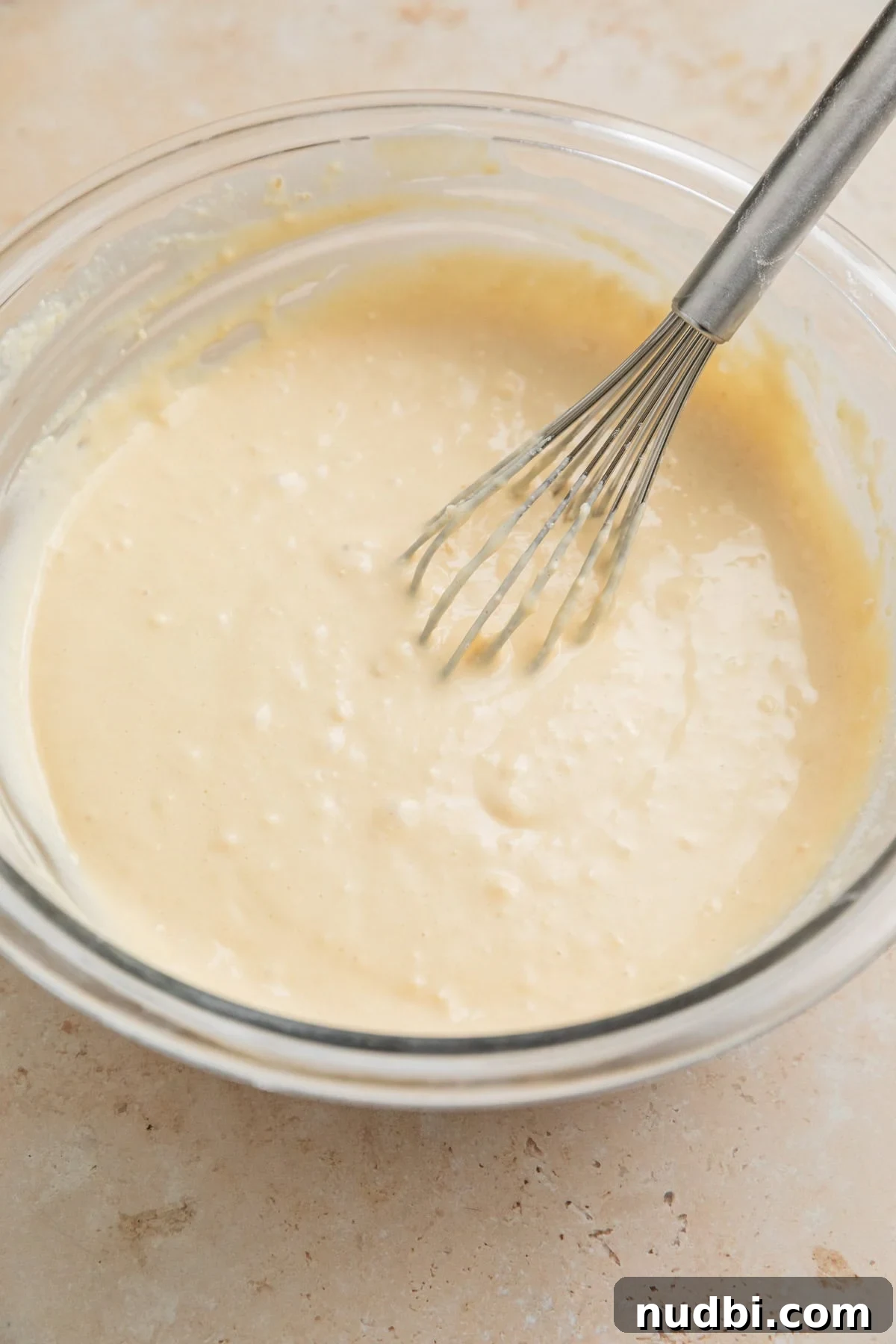 Cottage cheese waffle batter in bowl with whisk.
