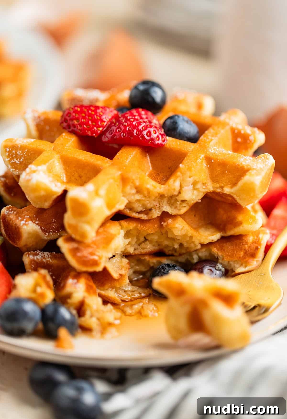 Forkful of waffle propped next to stack of waffles with maple syrup.