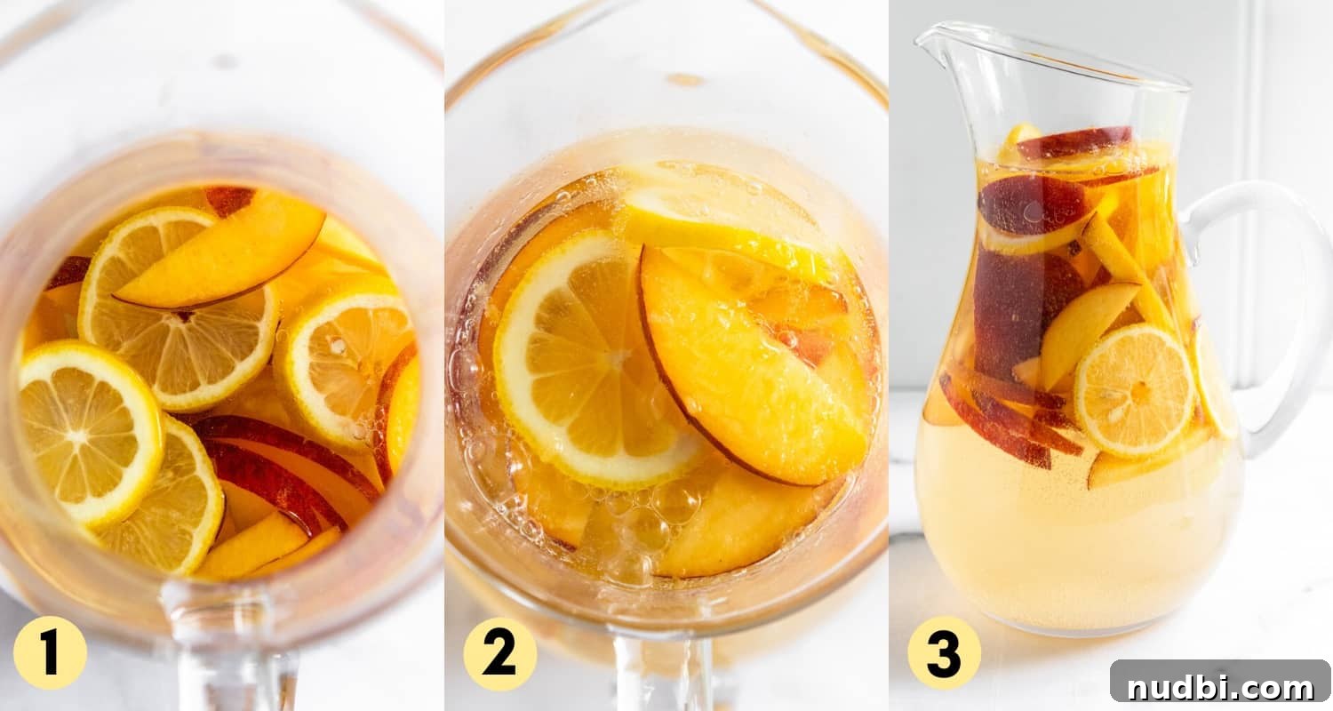 Ginger Peach White Sangria Recipe for Summer Entertaining 4 Fruit and wine poured into pitcher.