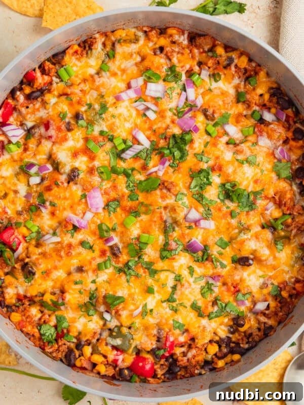 Quick Chicken Fried Rice Recipe for Perfect Weeknight Meals 12 Cheesy taco and rice skillet dinner in pan.