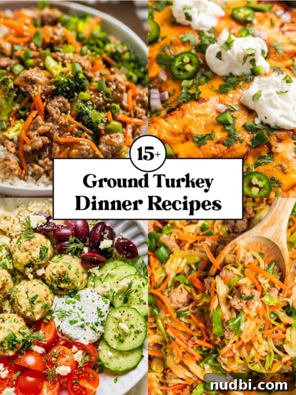 Quick Chicken Fried Rice Recipe for Perfect Weeknight Meals 13 Collage with 4 ground turkey dinner recipes including meatballs, stir fry, enchiladas and egg roll bowl.