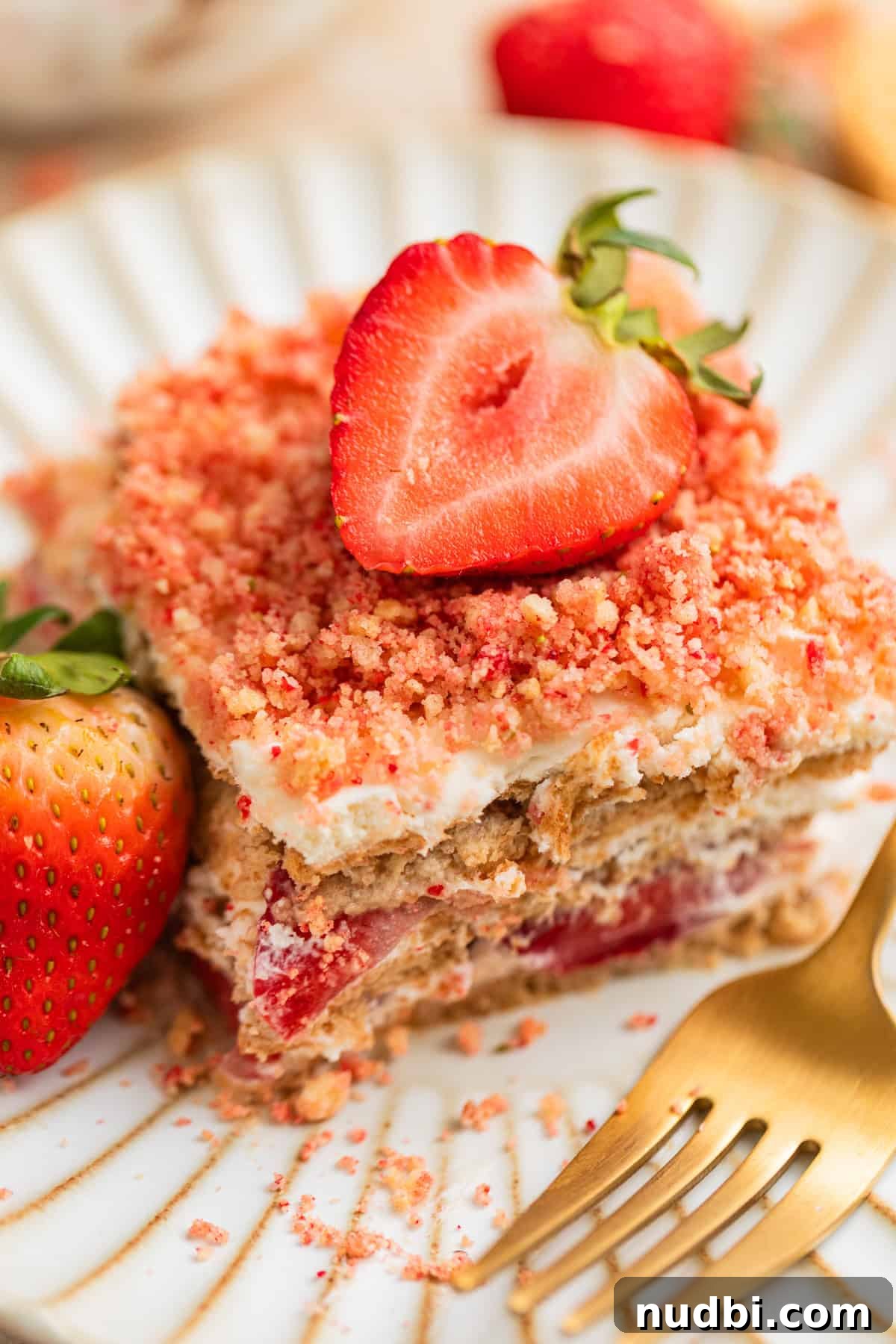 Strawberry Cream Cheese Icebox Cake Recipe for Summer Desserts 2 Strawberry cheesecake icebox cake on plate topped with strawberry crunch topping and strawberry slice.