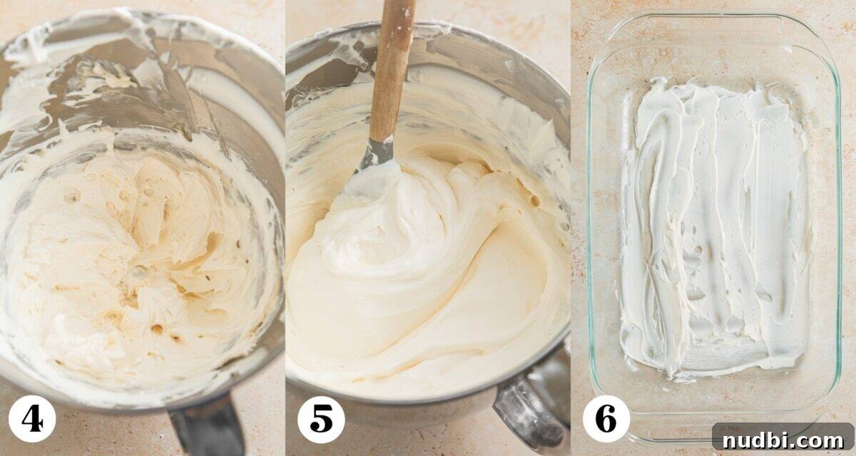 Strawberry Cream Cheese Icebox Cake Recipe for Summer Desserts 5 Cream cheese and whipped cream combined in bowl and then thin layer spread on bottom of glass pan.
