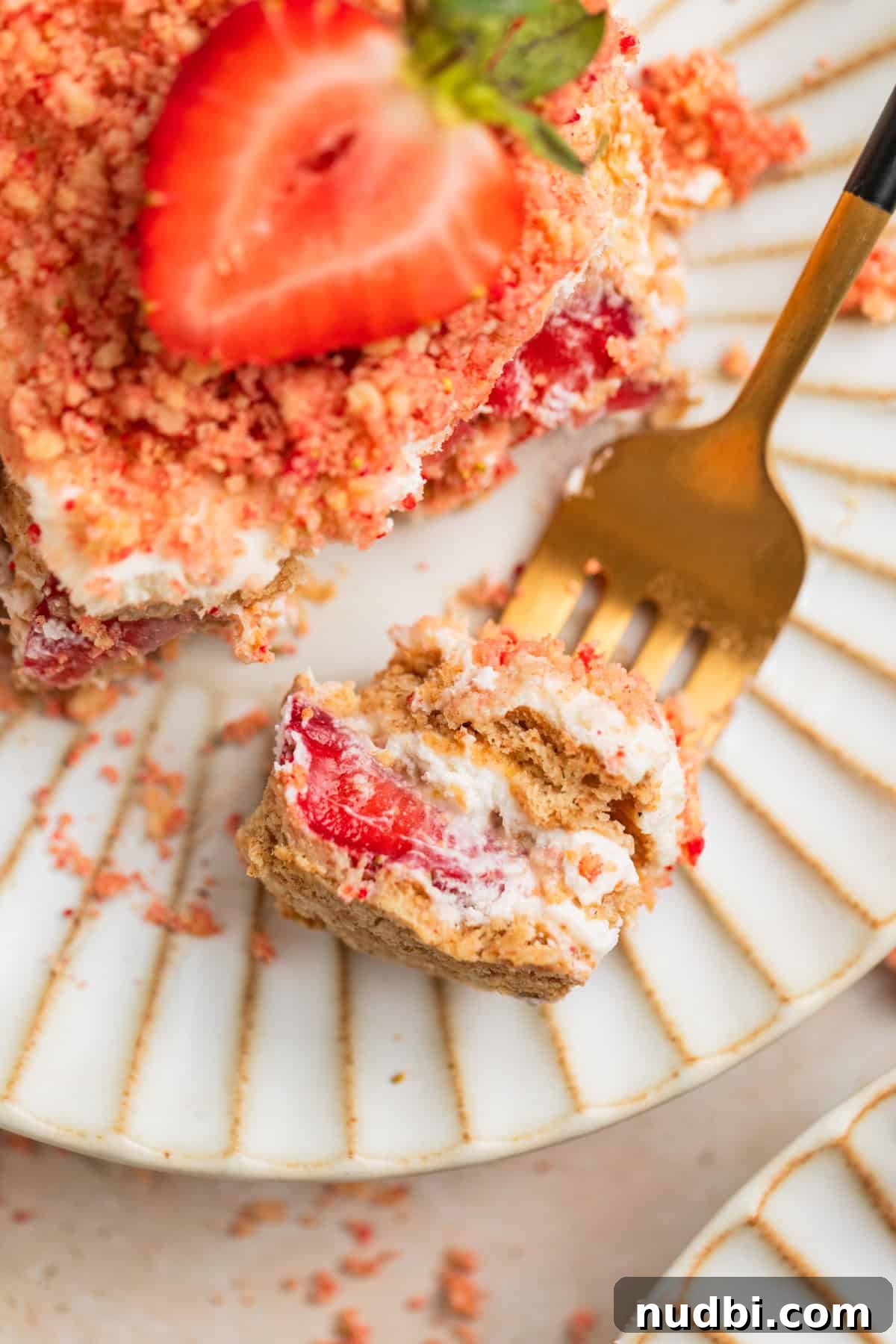 Strawberry Cream Cheese Icebox Cake Recipe for Summer Desserts 6 Fork with strawberry crunch cream cheese layered icebox cake on plate with rest of the piece.