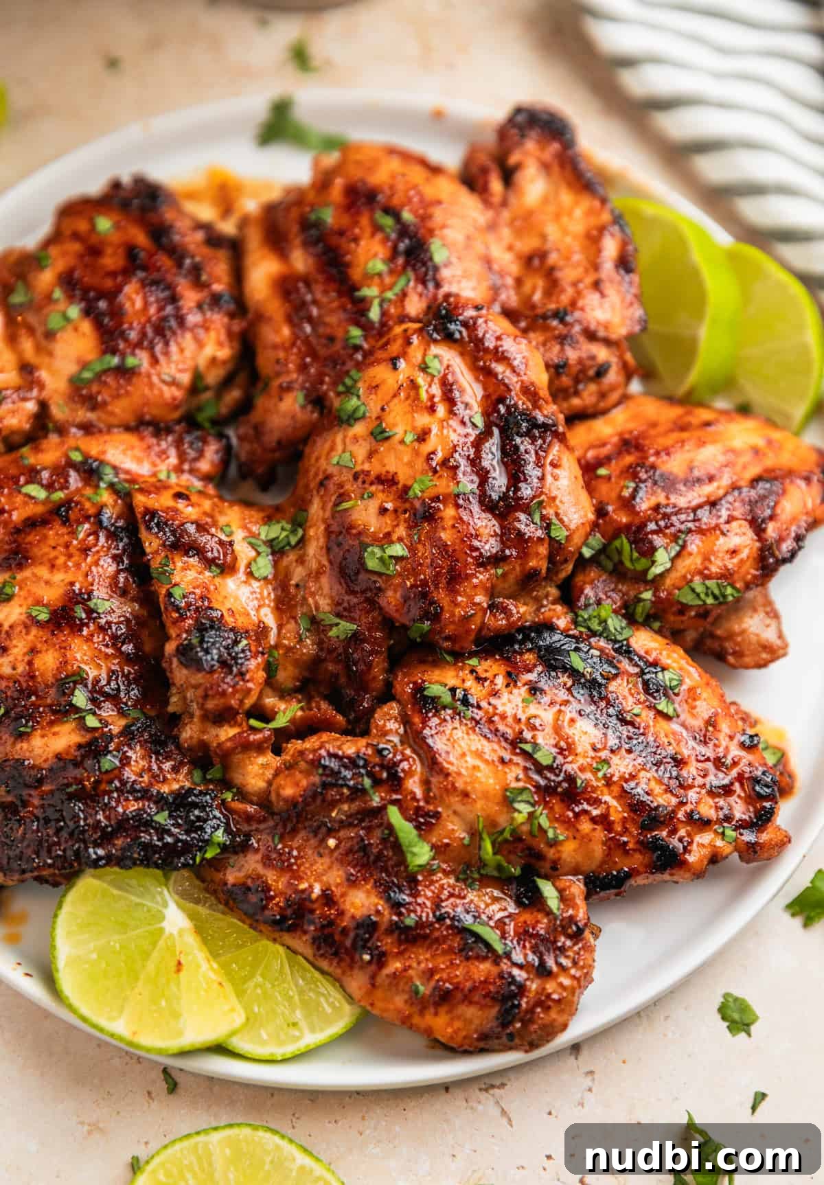 Zesty Chili Lime Chicken Recipe for Tender Grilled Chicken 2 Grilled chili lime marinated chicken thighs on white plate topped with chopped cilantro.