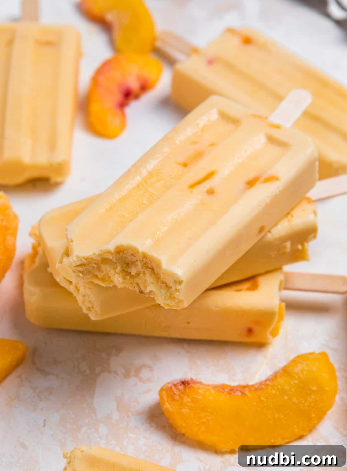 Stacked creamy peach popsicles with bite taken out of top popsicle.