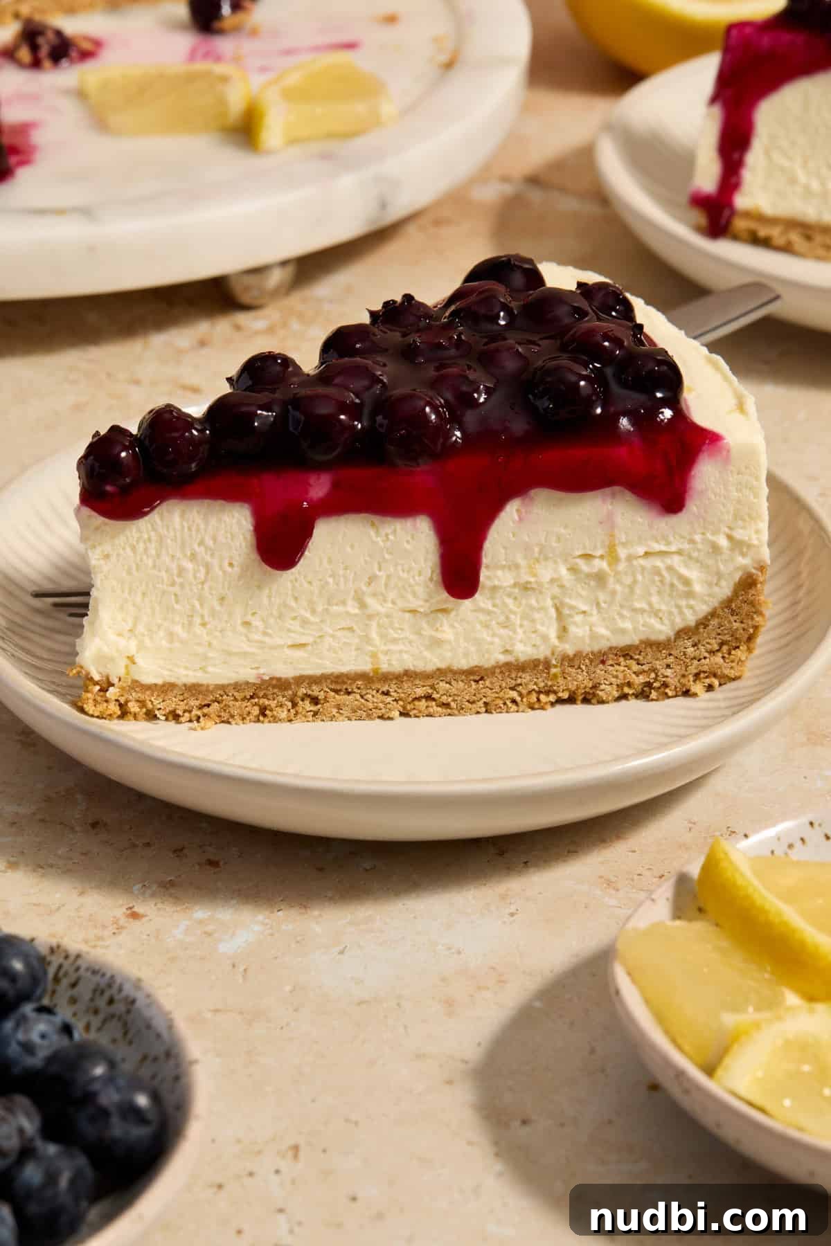 No-Bake Lemon Blueberry Cheesecake Recipe — Light & Creamy Dessert 2 Slice of blueberry lemon cheesecake on plate.