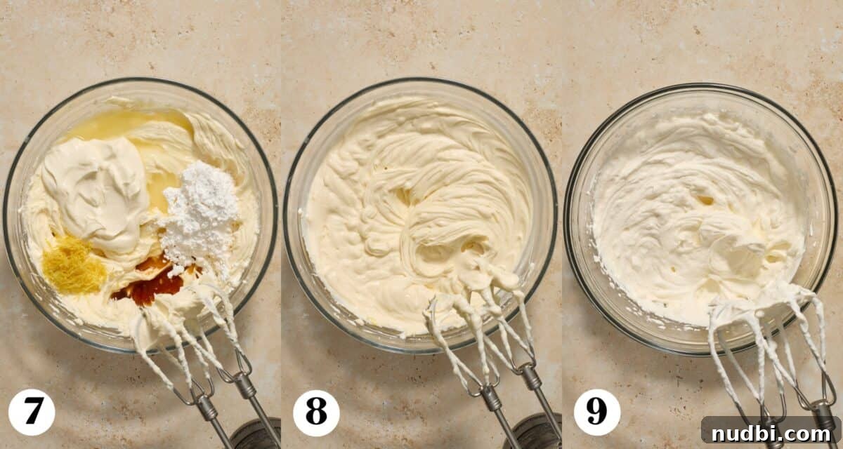No-Bake Lemon Blueberry Cheesecake Recipe — Light & Creamy Dessert 6 Lemon cheesecake being prepped in bowl and then whipping cream beaten to stiff peaks.