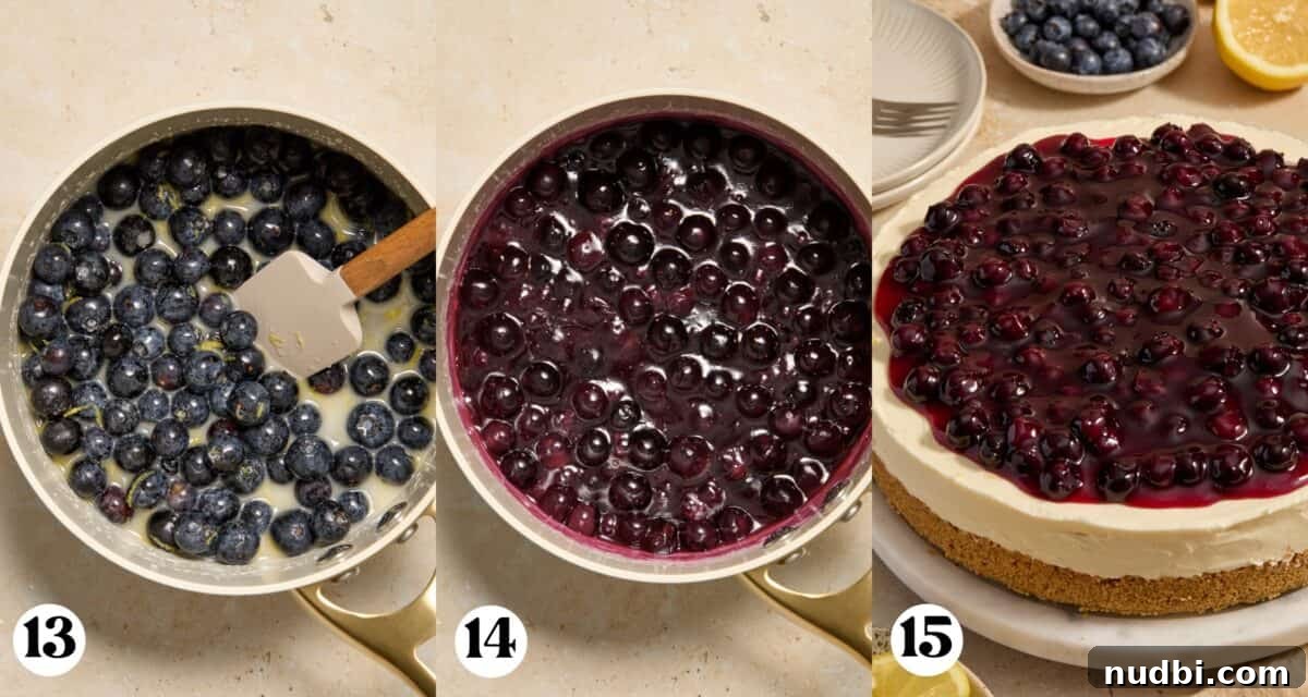 No-Bake Lemon Blueberry Cheesecake Recipe — Light & Creamy Dessert 8 Lemon blueberry sauce prepped in pan and then spread over top of lemon cheesecake.
