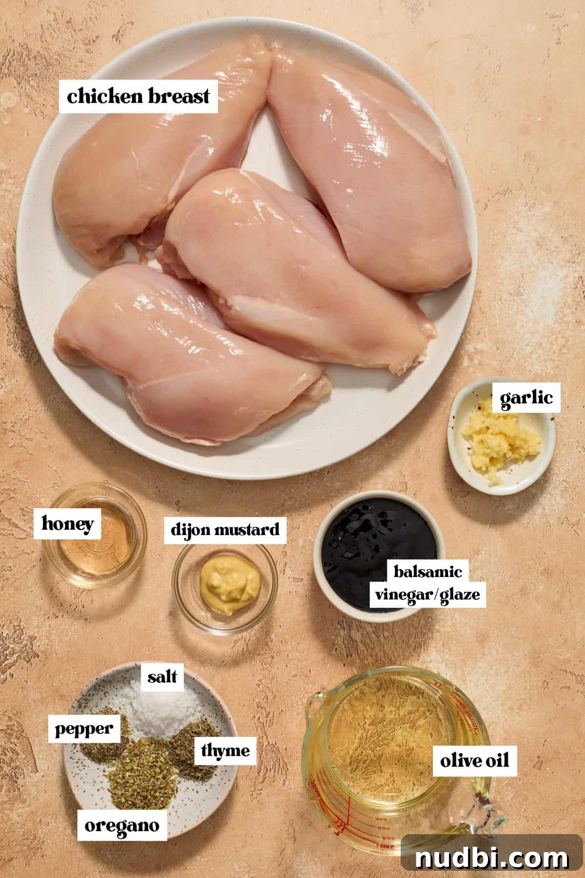 Labeled ingredients on surface needed to make recipe.