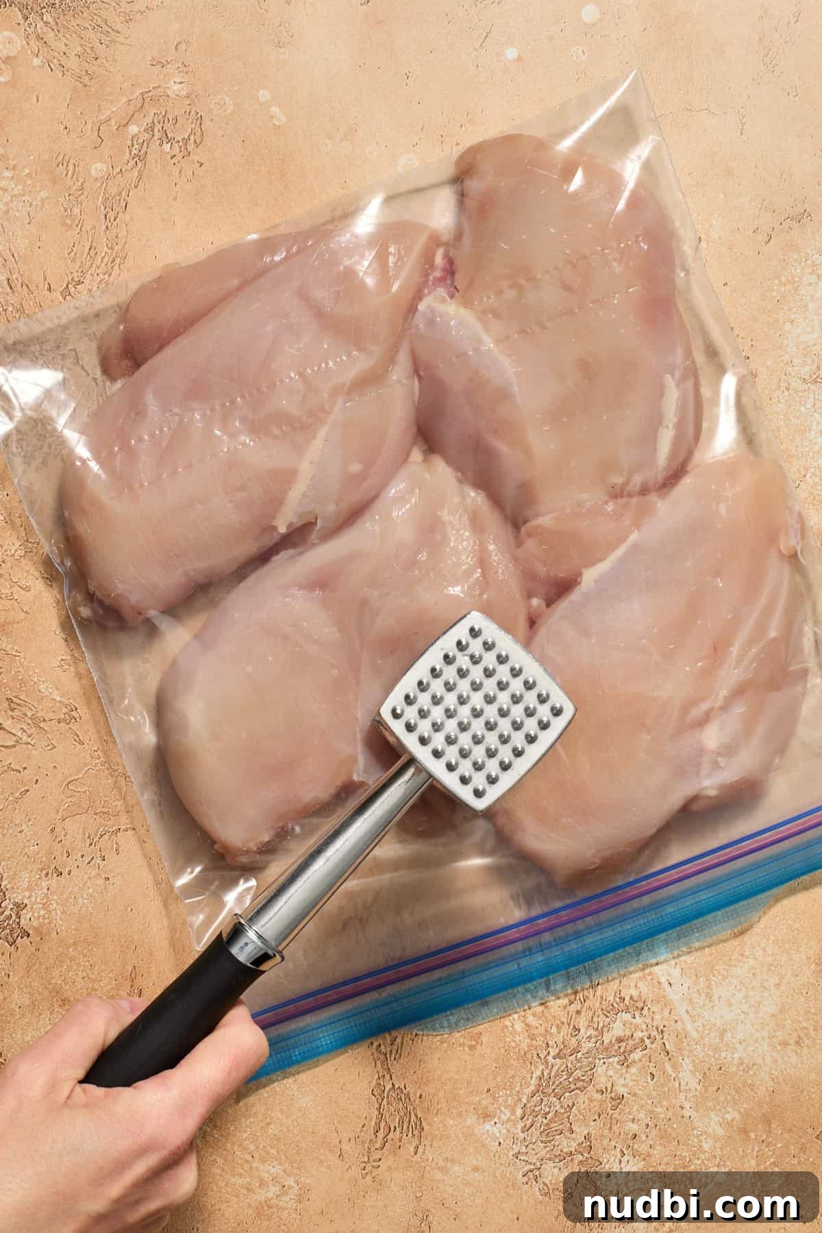 Chicken breast in plastic bag being pounded with meat tenderizer.