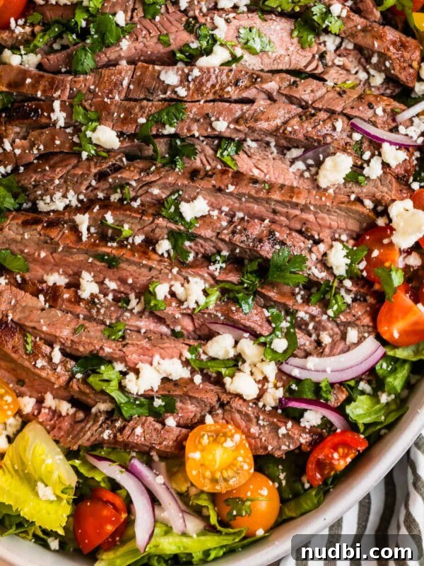 Grilled Ribeye with Creamy Gorgonzola Sauce Recipe 12 Grilled flank steak salad in dish topped with freshly chopped cilantro and cheese.