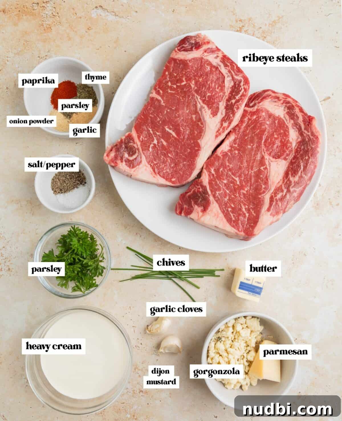 Grilled Ribeye with Creamy Gorgonzola Sauce Recipe 3 Labeled ingredients to make grilled steak and cream sauce recipe.