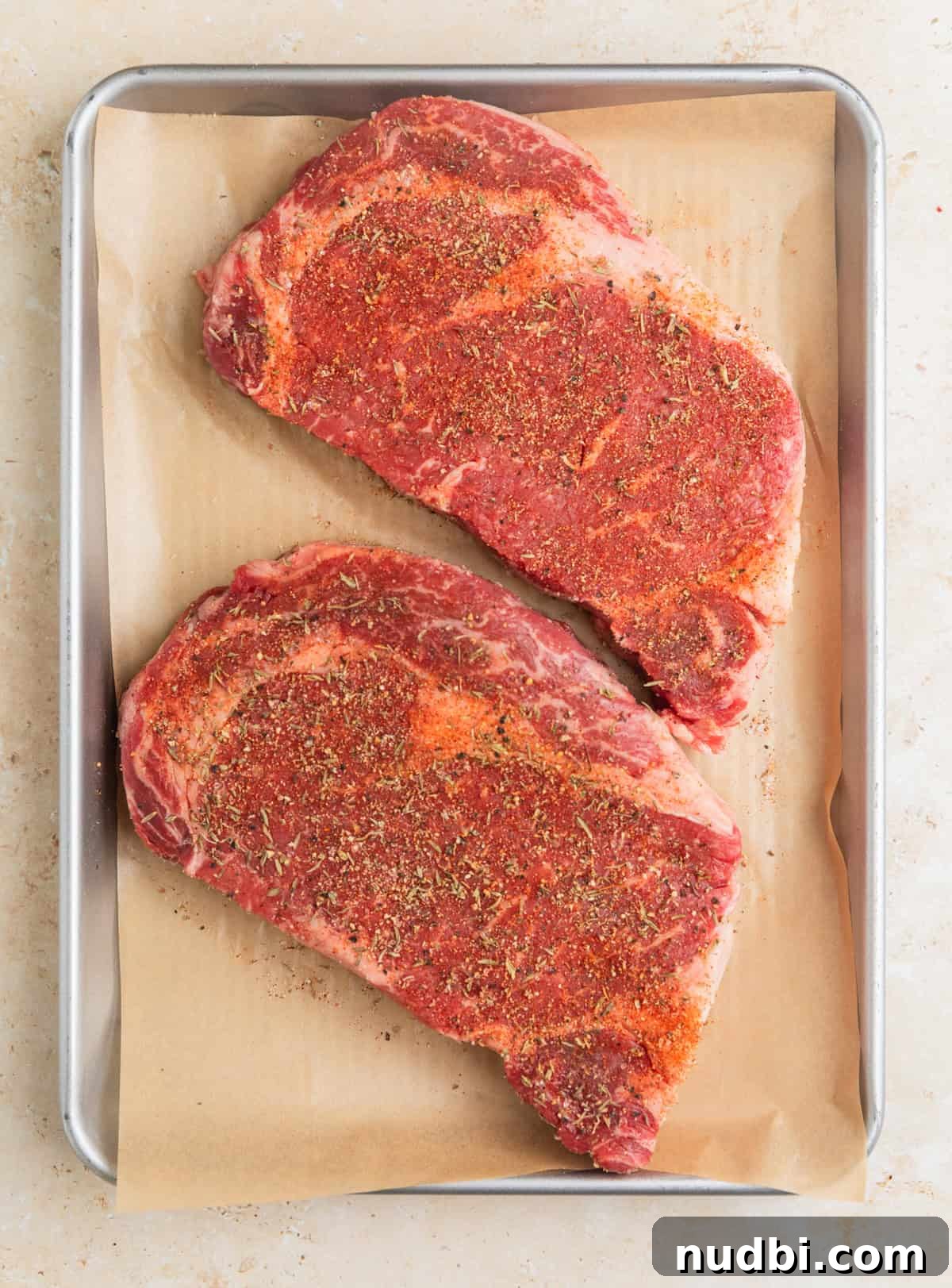 Grilled Ribeye with Creamy Gorgonzola Sauce Recipe 5 Seasoned ribeye steaks on parchment lined pan.