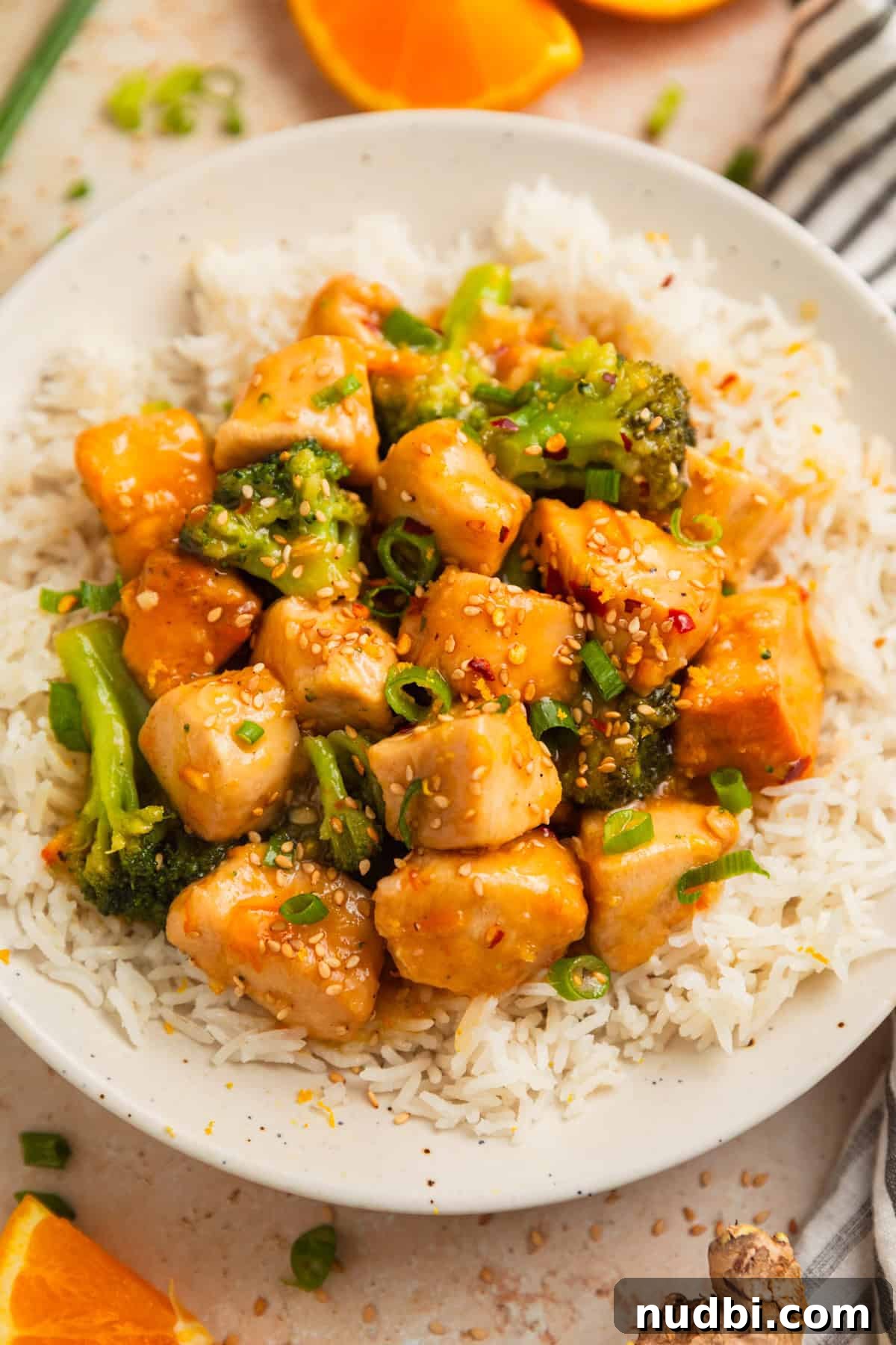 Slow-Cooker Orange Chicken Recipe for Tender, Saucy Chicken 2 Crockpot orange chicken with broccoli over white rice on plate.