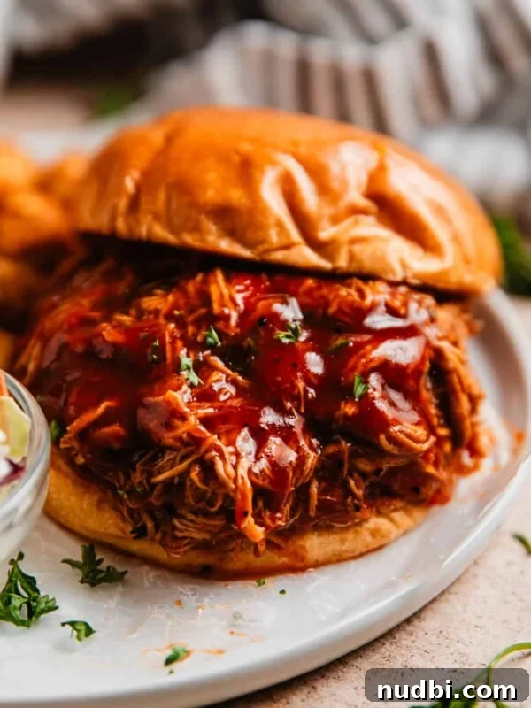 Slow-Cooker Orange Chicken Recipe for Tender, Saucy Chicken 13 Brioche bun with pulled barbecue chicken and chopped parsley on white plate.