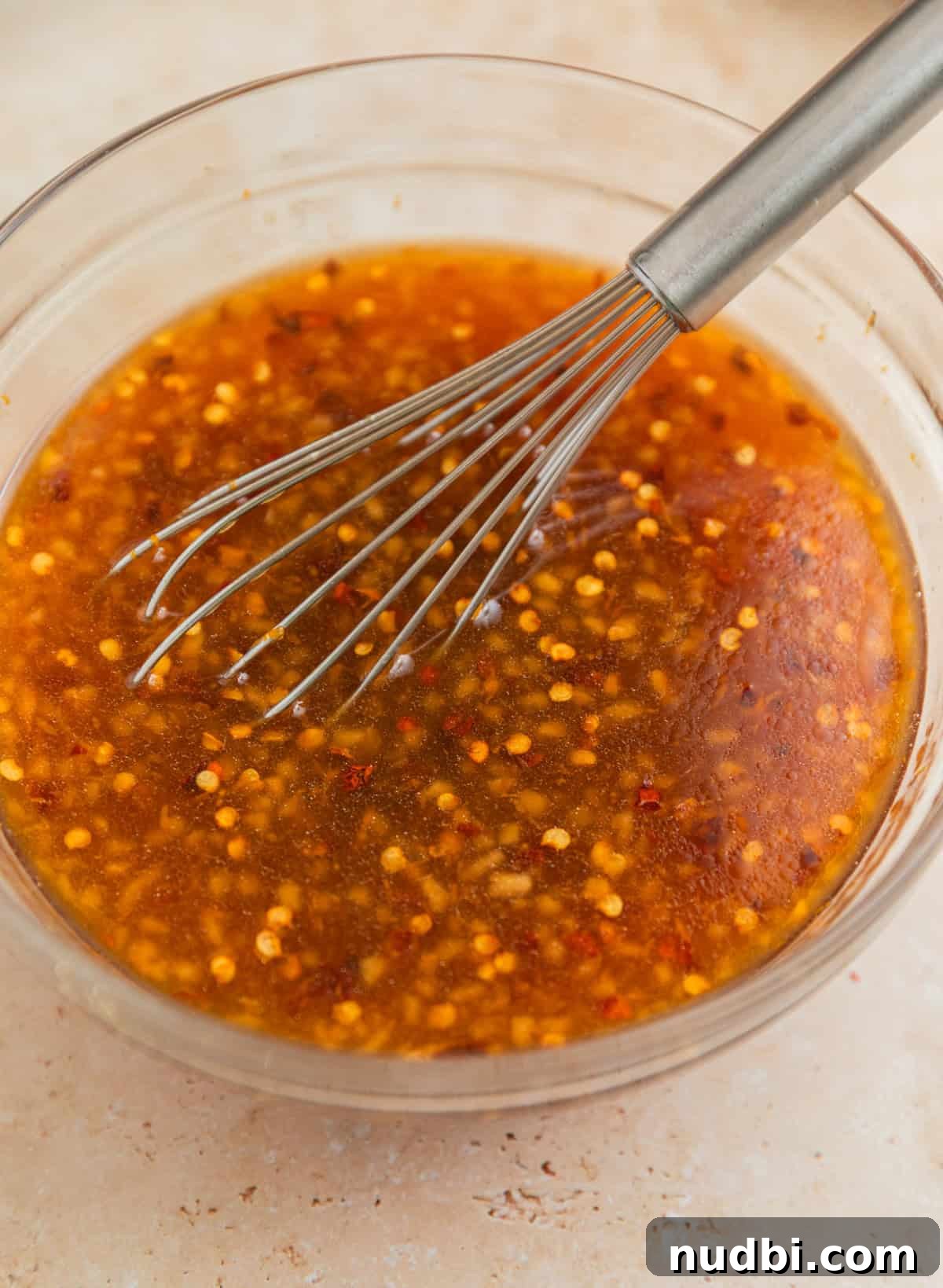 Slow-Cooker Orange Chicken Recipe for Tender, Saucy Chicken 5 Whisked orange sauce in glass with whisk propped in bowl.