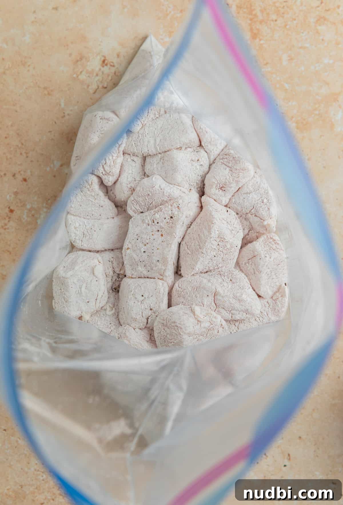 Slow-Cooker Orange Chicken Recipe for Tender, Saucy Chicken 6 Cornstarch coated chicken breast cubes in plastic bag.