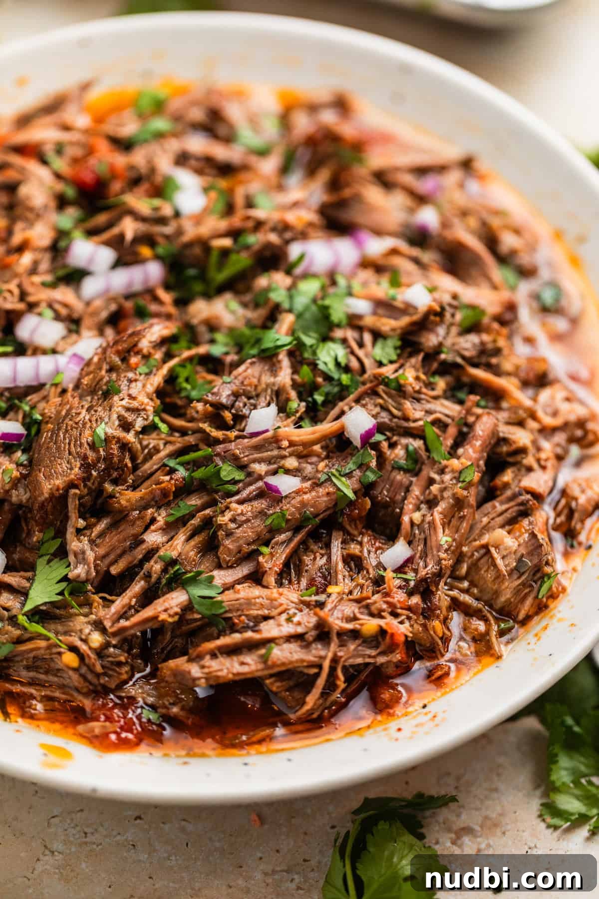 Slow-Cooker Shredded Beef Tacos Recipe for Tender, Flavorful Meat 10 Shredded beef taco meat in plate topped with onion and chopped cilantro.