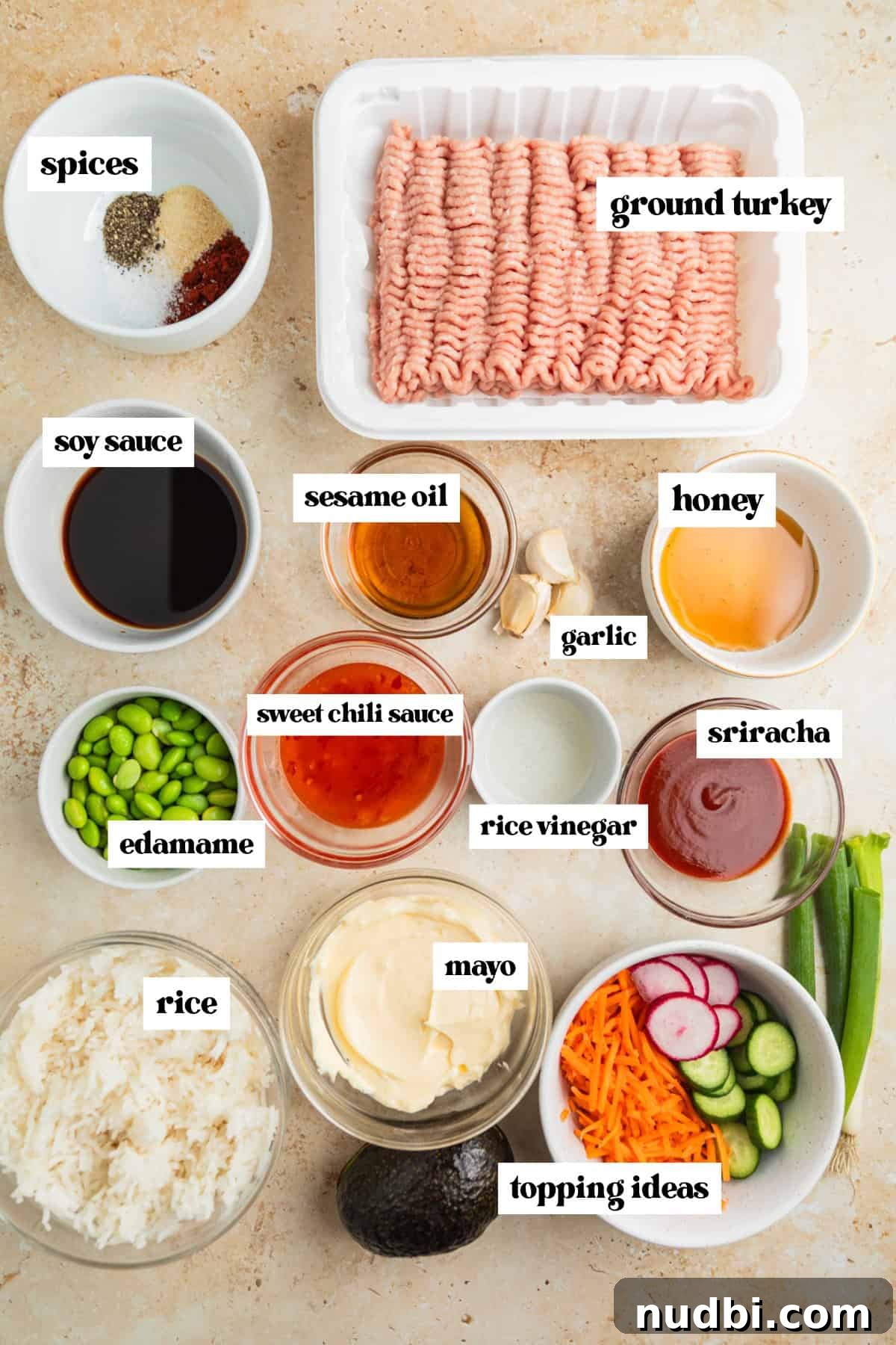 Savory Ground Turkey Rice Bowls with Veggies and Soy-Ginger Sauce 3 Ground turkey, soy sauce, honey and other ingredients labeled on surface.