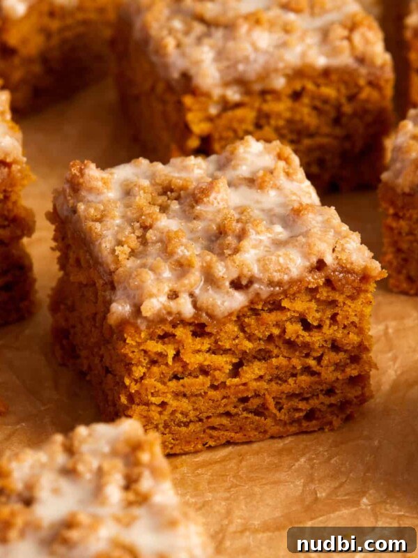 Pumpkin Bread Made from Cake Mix: Quick Moist Recipe 18 Slices of cinnamon streusel topped pumpkin coffee cake on crinkled brown parchment paper.
