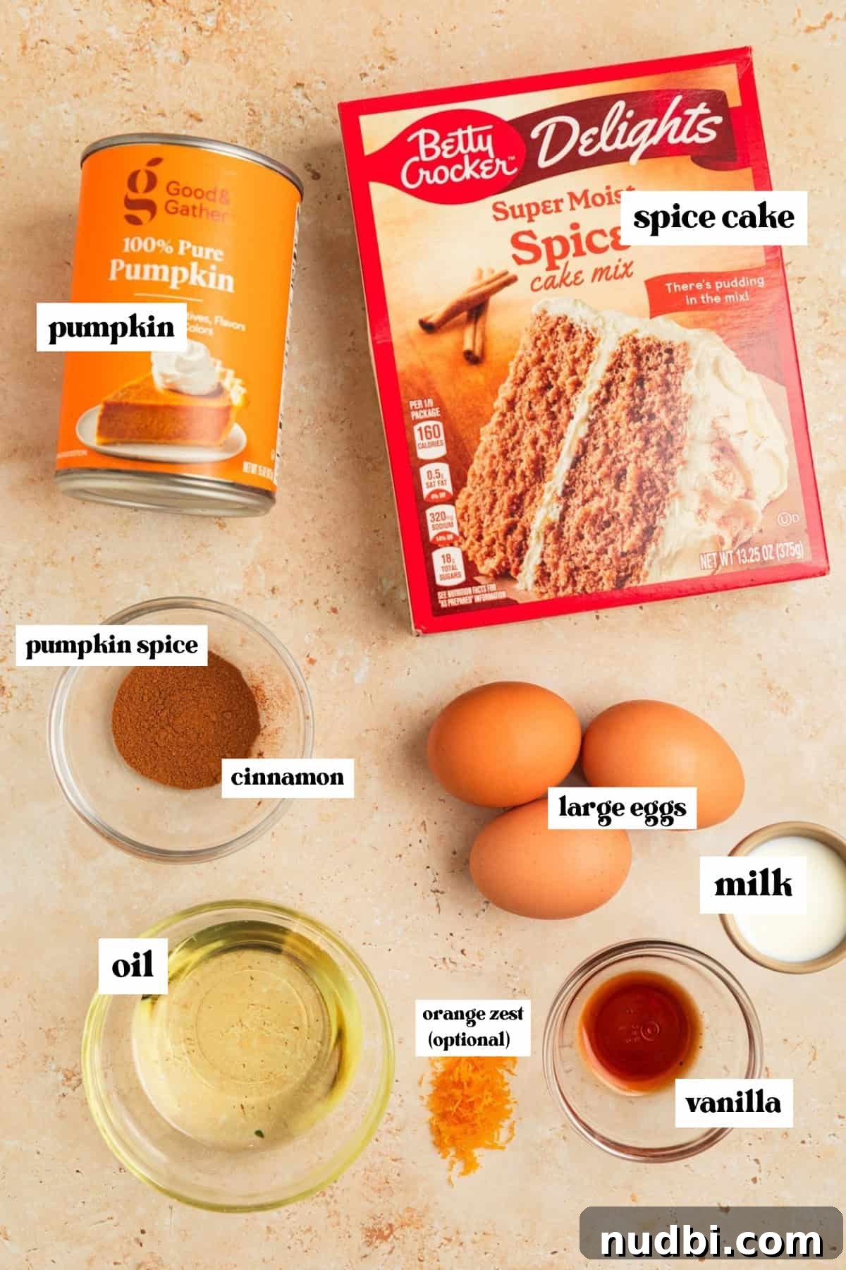 Pumpkin Bread Made from Cake Mix: Quick Moist Recipe 4 Can of pumpkin, spice cake mix box, oil, eggs and other ingredients for recipe.