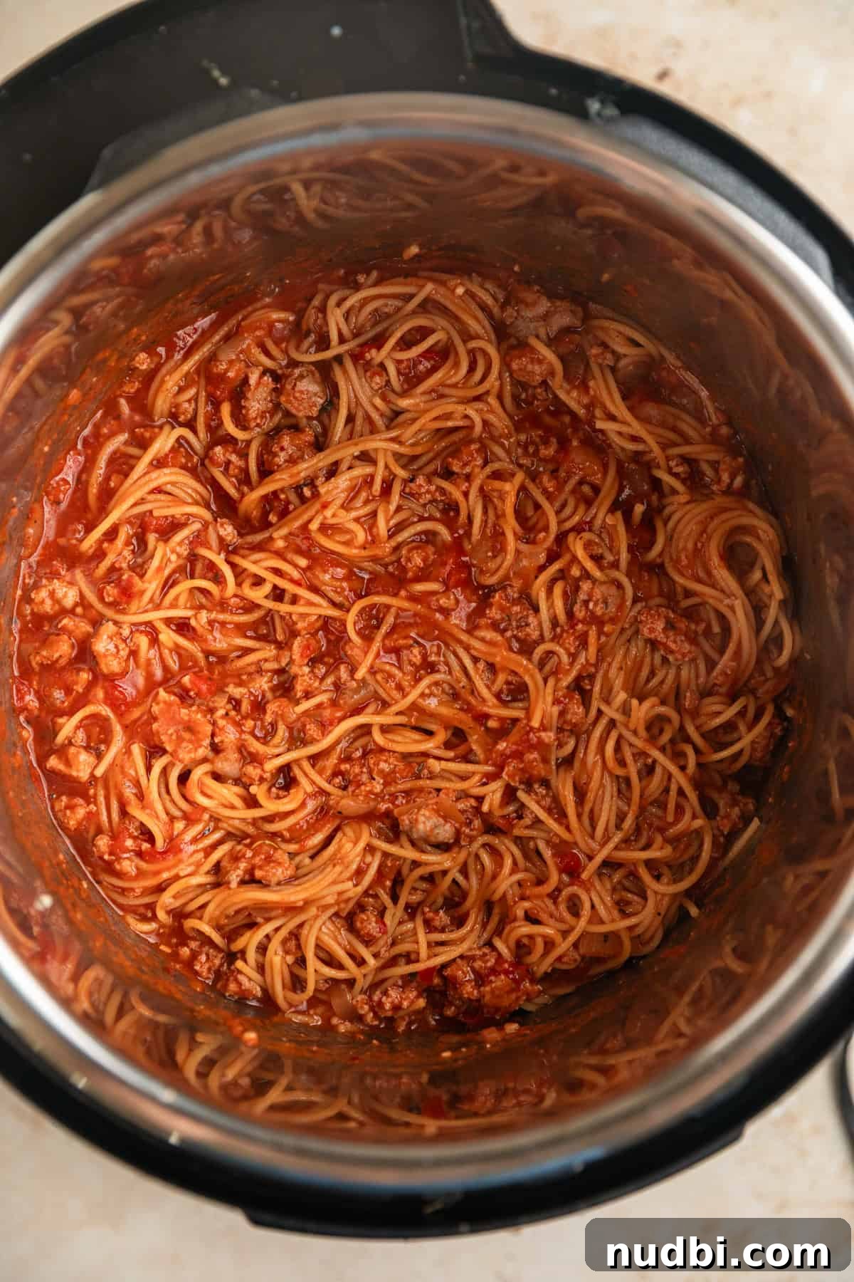 One-Pot Instant Pot Spaghetti Recipe for Quick Weeknight Dinners 8 Instant pot spaghetti with meat in instant pot.