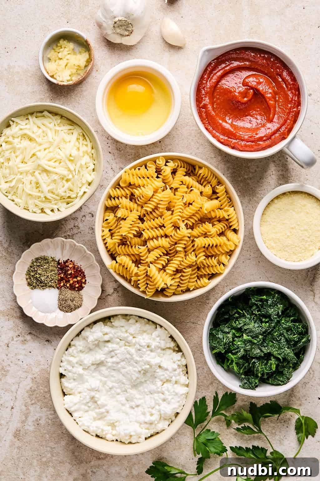 Spinach Baked Pasta with Creamy Cheese and Garlic 4 Rotini pasta, spinach, tomato sauce, cottage cheese and other ingredients on surface.