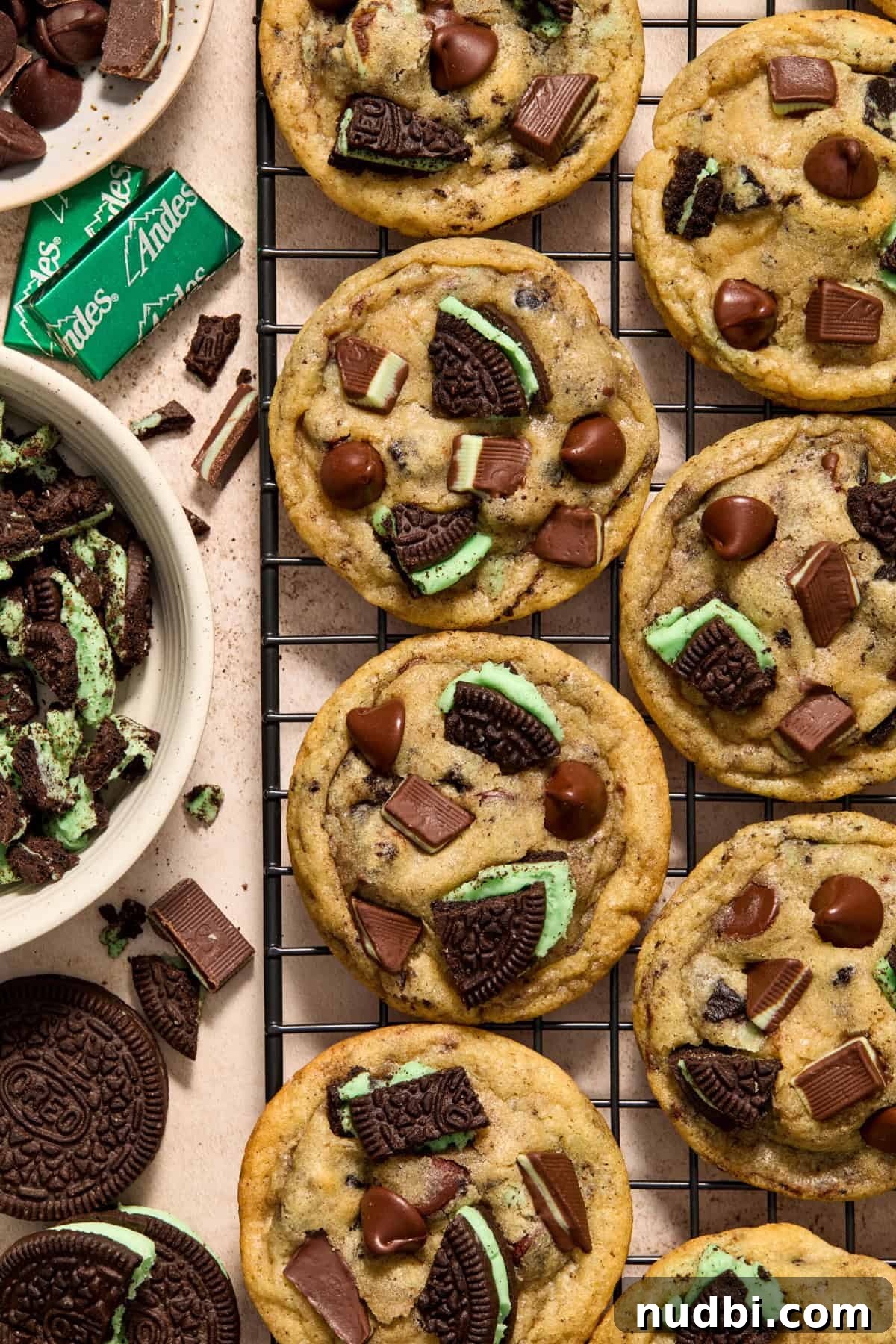 Chewy Mint Chocolate Chip Cookies Recipe for Perfect Cookies 2 Cooling rack with mint chocolate chip cookies with mint Oreos, Andes mints and chocolate chips beside rack.