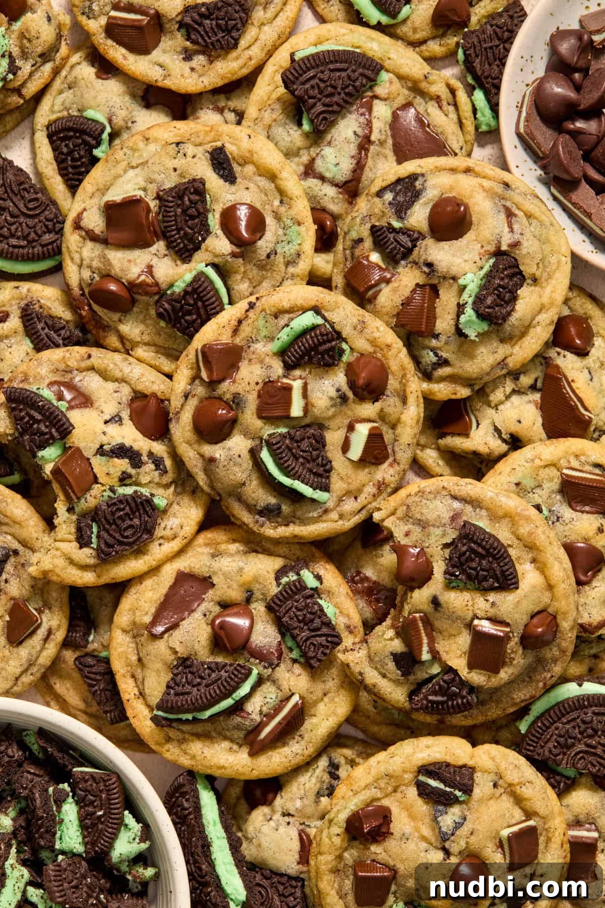Chewy Mint Chocolate Chip Cookies Recipe for Perfect Cookies 14 Mint chip cookies arranged on surface with mint Oreos and chocolate chips beside.