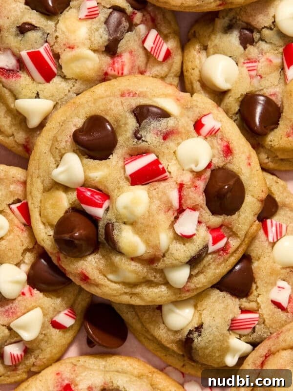 Chewy Mint Chocolate Chip Cookies Recipe for Perfect Cookies 15 Peppermint chocolate chip cookies with white and dark chocolate chips and candy canes arranged on plate.