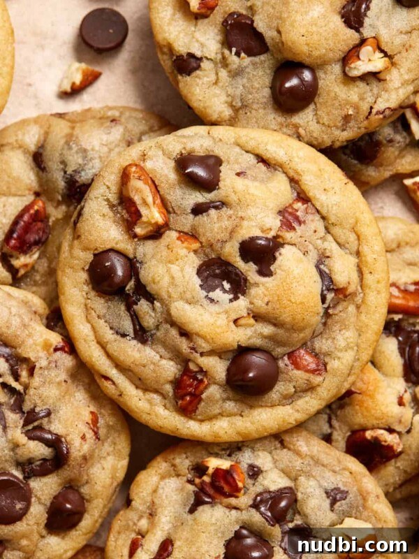 Chewy Mint Chocolate Chip Cookies Recipe for Perfect Cookies 17 Chocolate chip pecan cookies arranged on surface.