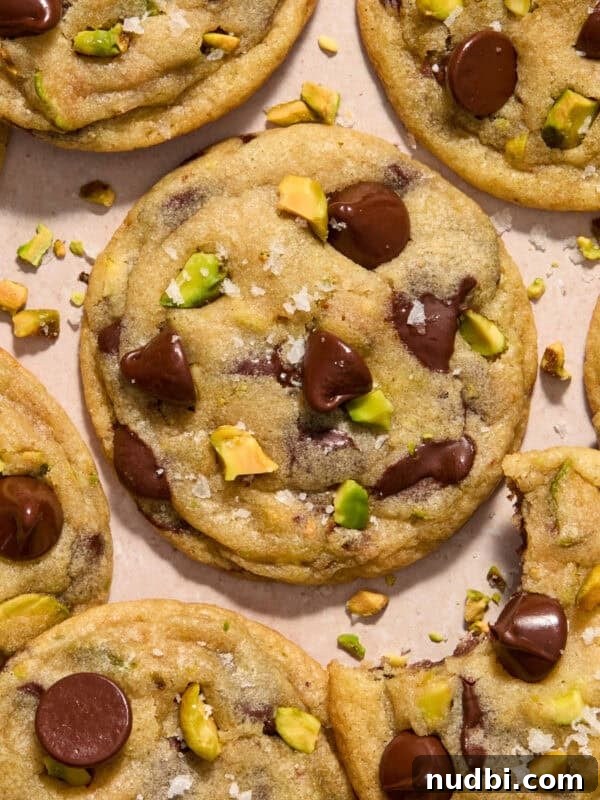 Chewy Mint Chocolate Chip Cookies Recipe for Perfect Cookies 18 Pistachio chocolate chip cookies arranged on surface.