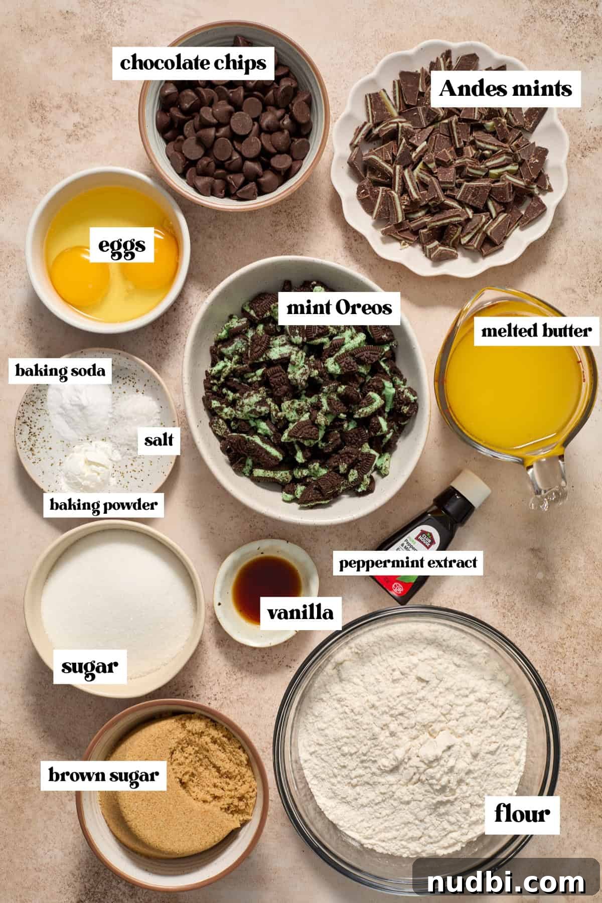 Chewy Mint Chocolate Chip Cookies Recipe for Perfect Cookies 4 Butter, eggs, brown sugar, mints, and other ingredients labeled on surface.