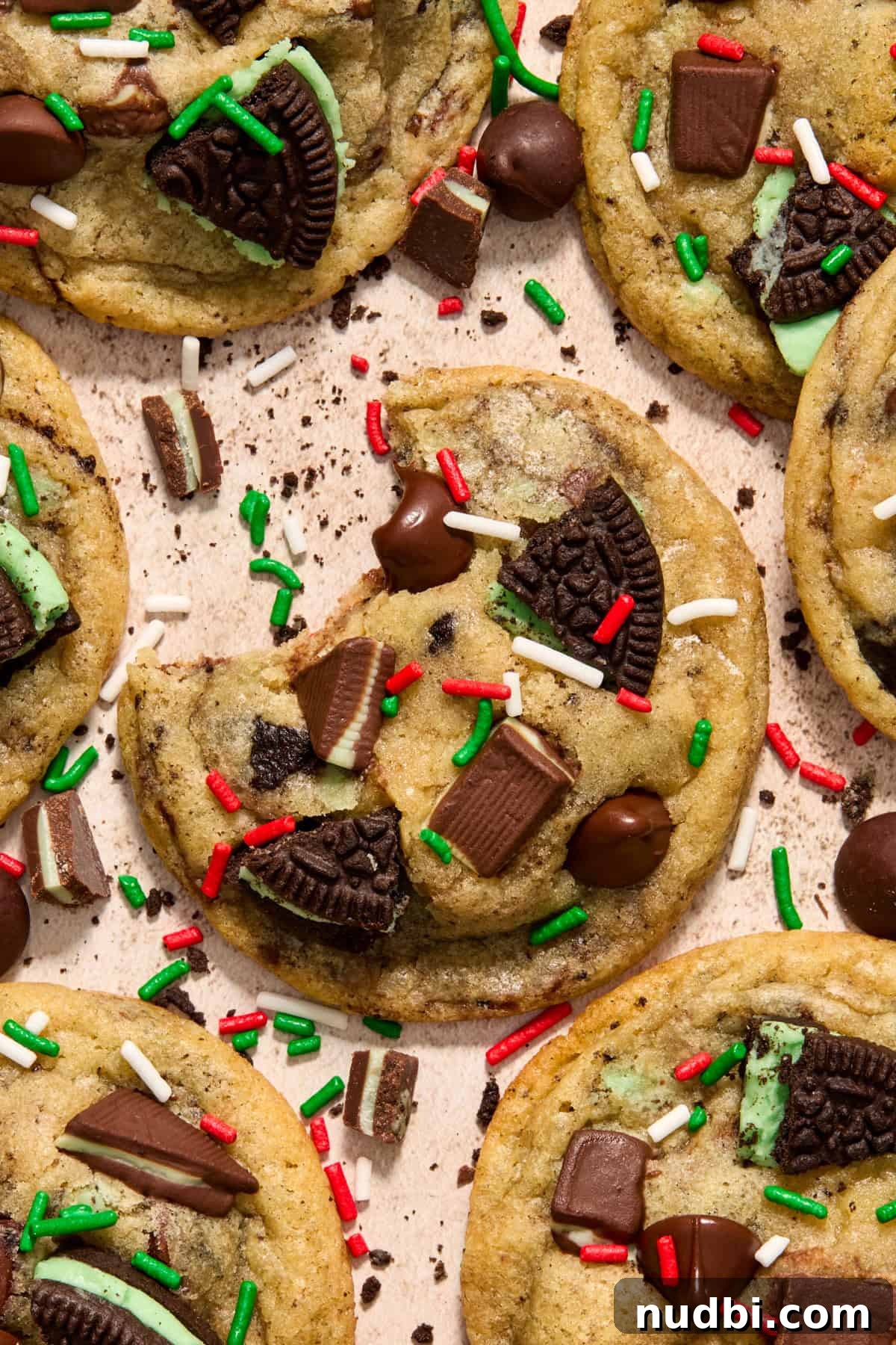 Chewy Mint Chocolate Chip Cookies Recipe for Perfect Cookies 5 Christmas sprinkles over top of mint chip cookies.