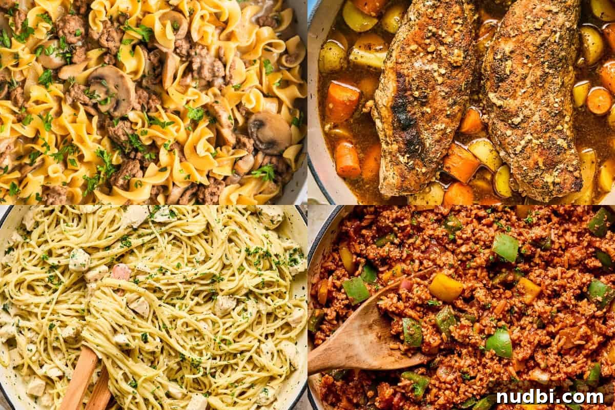 One pot ground turkey stroganoff, pork tenderloin in pot, chicken alfredo in pot and turkey and rice and peppers in pan with spoon.