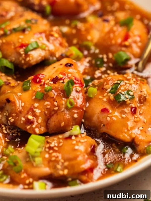 Chicken thighs in apricot sauce with chopped green onions over top.