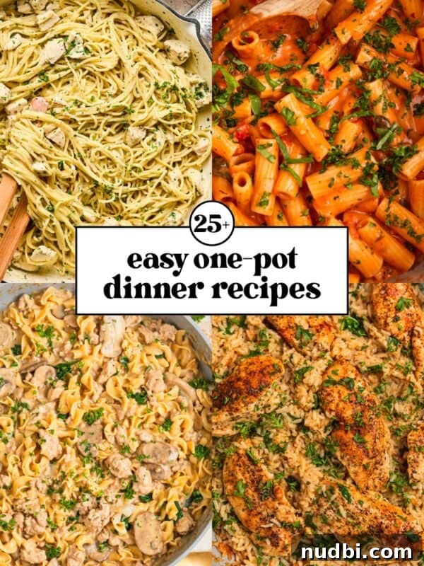 One-Pan Chicken and Rice Skillet Recipe for Flavorful Weeknights 13 Collage with one-pot dinner recipes including pastas, chicken and rice, and more.