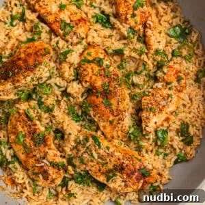 One-Pan Chicken and Rice Skillet Recipe for Flavorful Weeknights 15 Herbed chicken and rice in pan topped with chopped parsley.