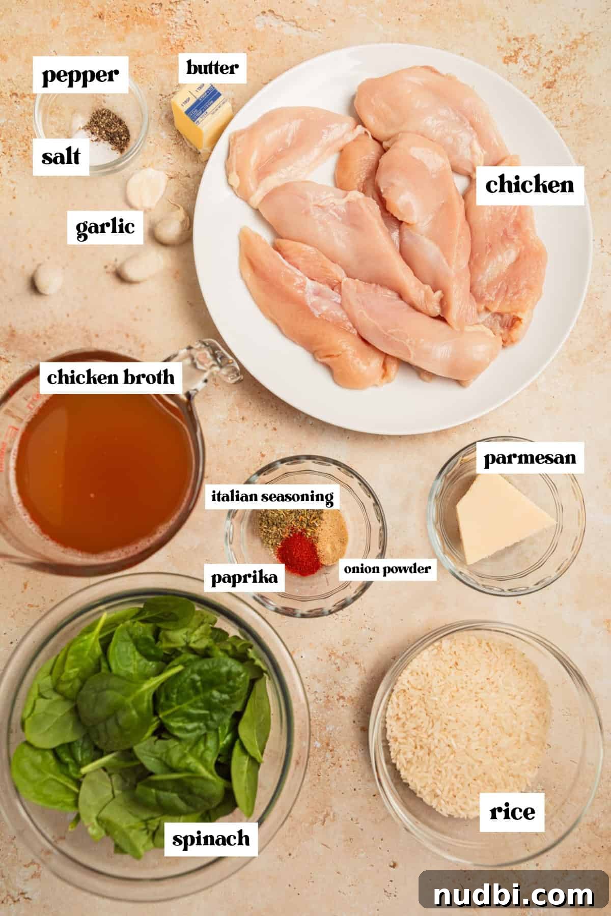 One-Pan Chicken and Rice Skillet Recipe for Flavorful Weeknights 4 Broth, chicken, spinach and other ingredients on surface needed to make recipe.